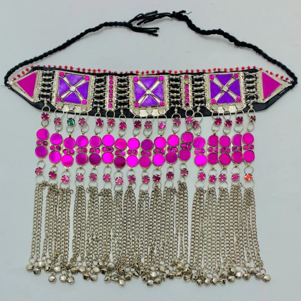 Handmade Afghan Choker Necklace: Purple Stone Tribal Statement with Bells - Picture 8 of 12